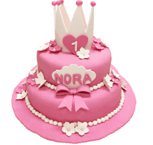 En rosa kake som det står Nora på med en hvit krone på toppen